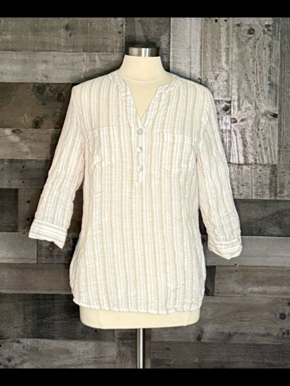 Emily Daniels Henley top large cream gold stripes coastal gorpcore granola girl